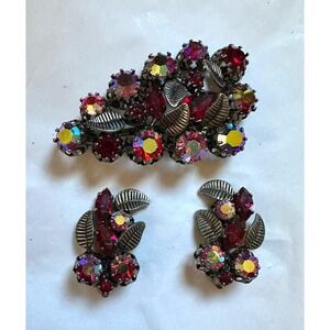 Red Aurora Borealis Crystal Stone Pin & Earrings Set Made in Austria